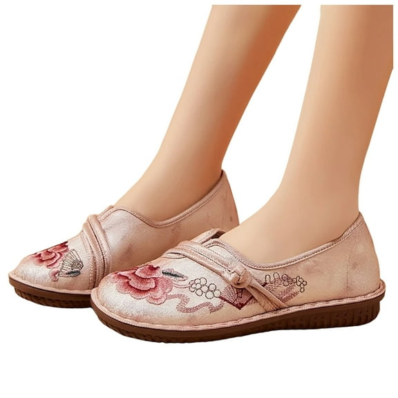 Women's Vintage Embroidered Mary Jane Ballet Flats Flower Wide Casual Wedge Low Heels Slip on Walking Shoes