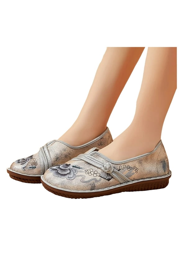 Women's Vintage Embroidered Mary Jane Ballet Flats Flower Wide Casual Wedge Low Heels Slip on Walking Shoes