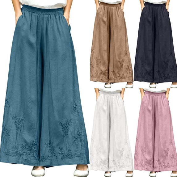 Women's Vintage Embroidery Pants Liweisiy Elastic Waist Wide Leg Multi Color Trendy Trousers Graphic Casual Baggy Pants Brown 2XL