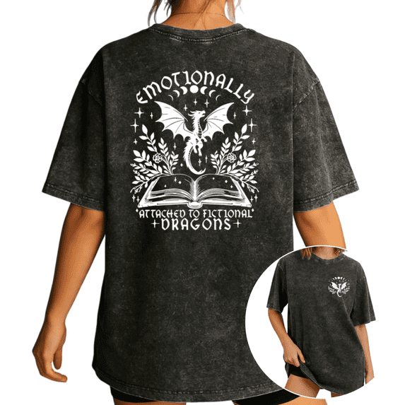 Women's Vintage "Emotionally Attached To Fictional Dragons" Book Graphic Washed T Shirt Casual Black S-2XL Plus Size