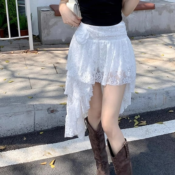 Women's Vintage Empire Waist Skater Skirt with Lace and 3D Flower Embellishments - Petite Length, Perfect for Summer