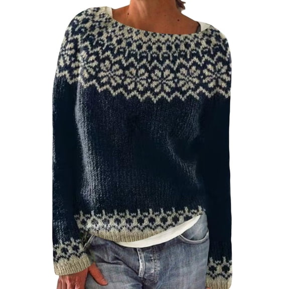 Women's Vintage Fair Isle Knitted Pullover Sweater Oversized Casual Loose Crewneck Long Sleeve Jumper Tops