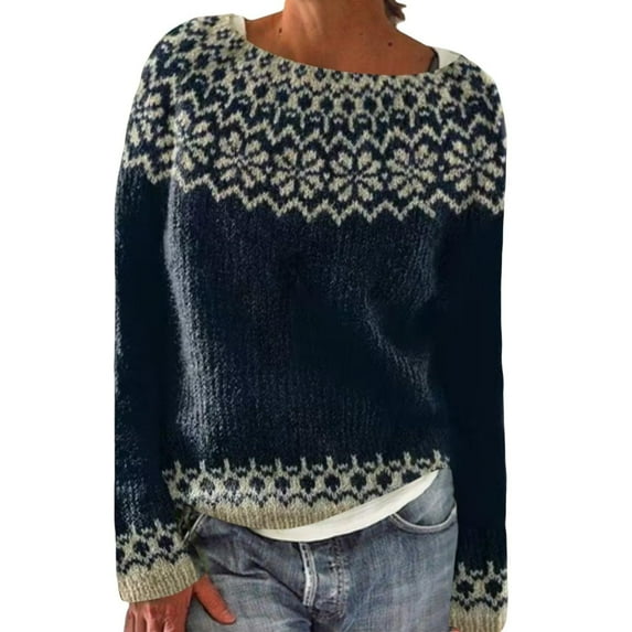 Women's Vintage Fair Isle Knitted Pullover Sweater Oversized Casual Loose Crewneck Long Sleeve Jumper Tops
