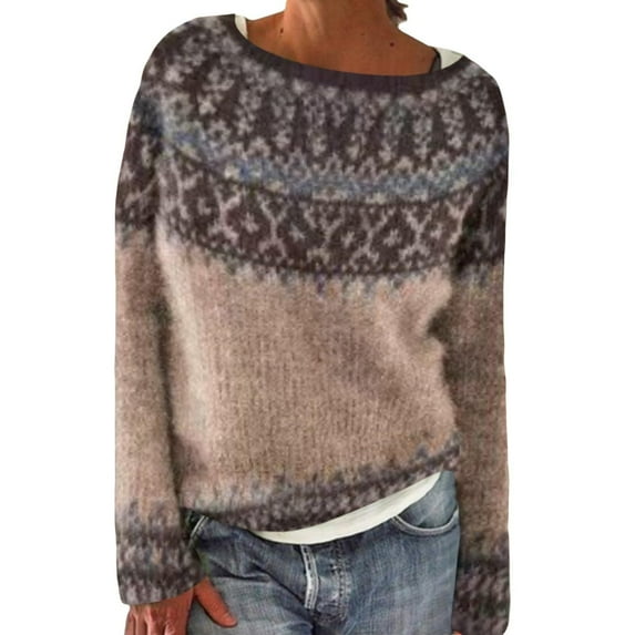 Women's Vintage Fair Isle Knitted Pullover Sweater Oversized Casual Loose Crewneck Long Sleeve Jumper Tops