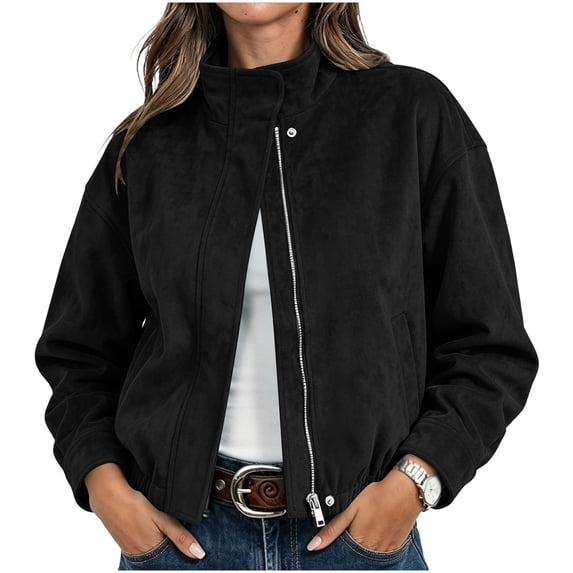 Women's Vintage Faux Suede Cropped Jacket Zip Up Stand Collar Long Sleeve Elastic Hem Loose Fit Casual Fall Winter Outerwear with Pockets Black
