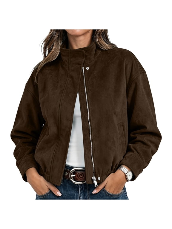 Women's Vintage Faux Suede Cropped Jacket Zip Up Stand Collar Long Sleeve Elastic Hem Loose Fit Casual Fall Winter Outerwear with Pockets Brown