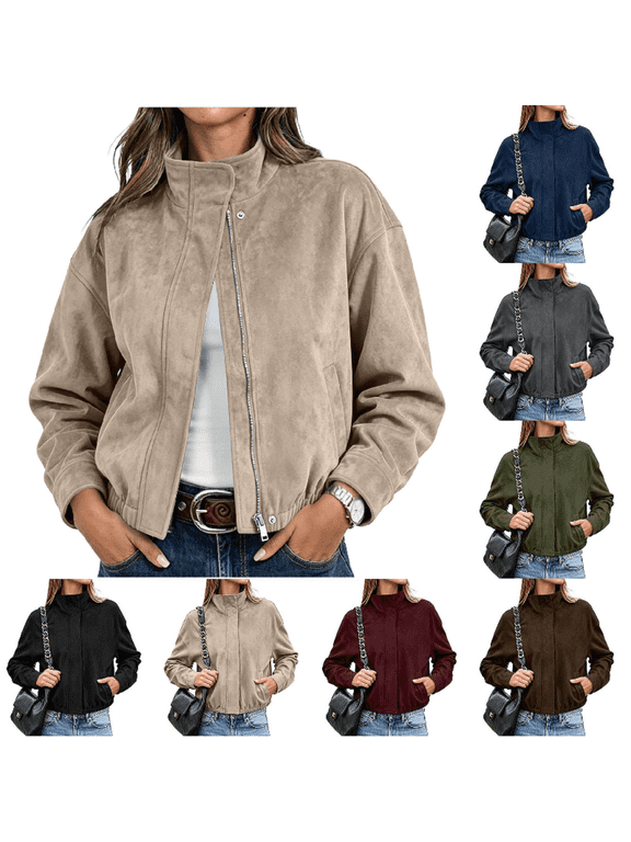 Women's Vintage Faux Suede Cropped Jacket Zip Up Stand Collar Long Sleeve Elastic Hem Loose Fit Casual Fall Winter Outerwear with Pockets Wine