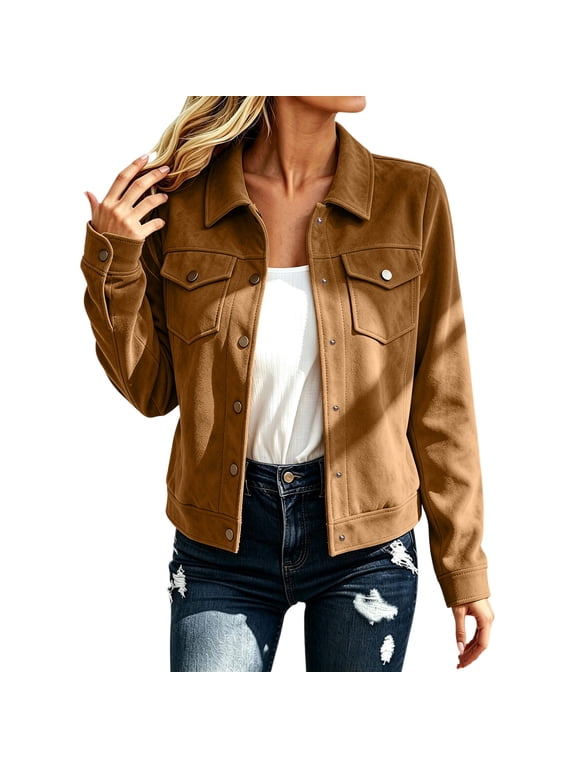 Women's Vintage Faux Suede Trucker Jacket Button Down Lapel Long Sleeve Casual Short Outerwear Slim Fit Fall Winter Street Moto Coat Coffee