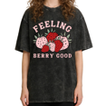 thumbnail image 1 of Women's Vintage Feeling Berry Good Strawberry Graphic Comfortable Crew Neck Washed T Shirt Black S-2XL Plus Size, 1 of 5