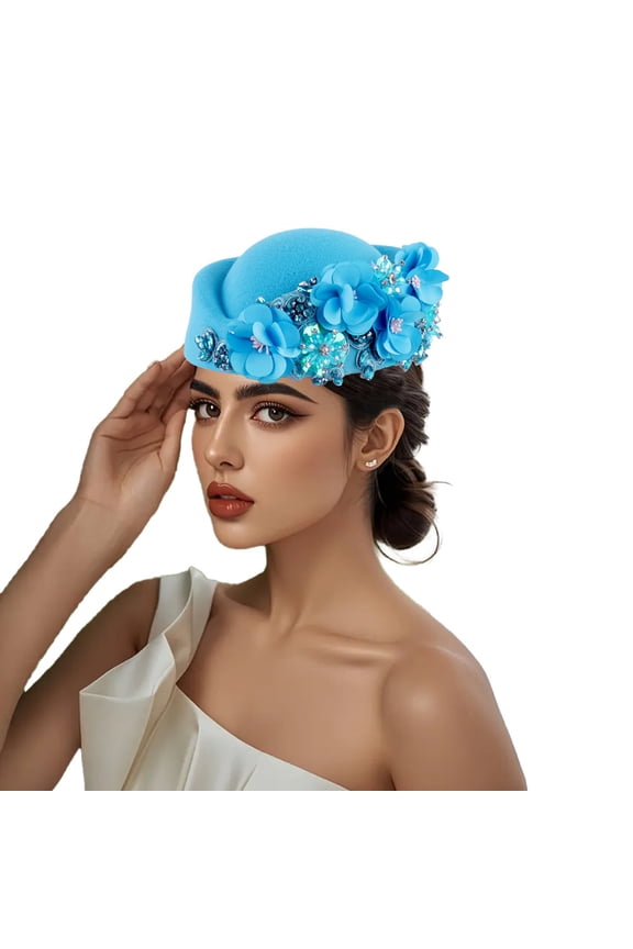 Women's Vintage Wool Felt Beret Hat with Floral Rhinestone Embellishment for Church Derby Formal Events