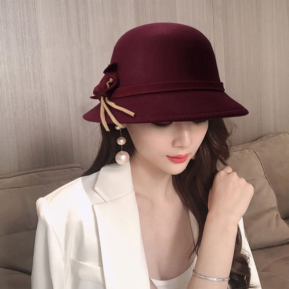 Women's Vintage Felt Bucket Hat Adjustable Bowler Suede Wool Hat with Bowknot Autumn Winter Dome Fedoras Cap Casual Basin Hat Ladies Round Hat