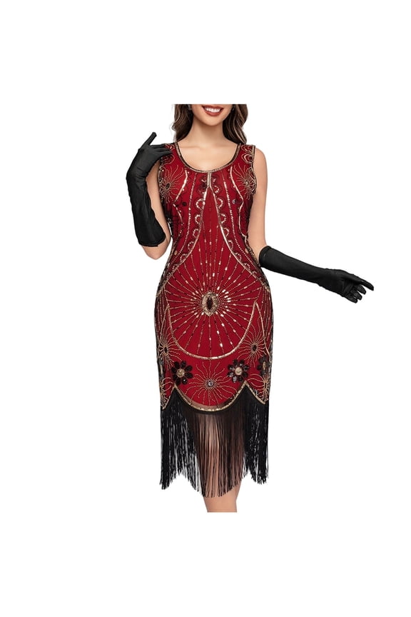 Women's Vintage Flapper Dresses 1920s Sequin Tassel Midi Sleeveless Fringed Cocktail Formal Dress M