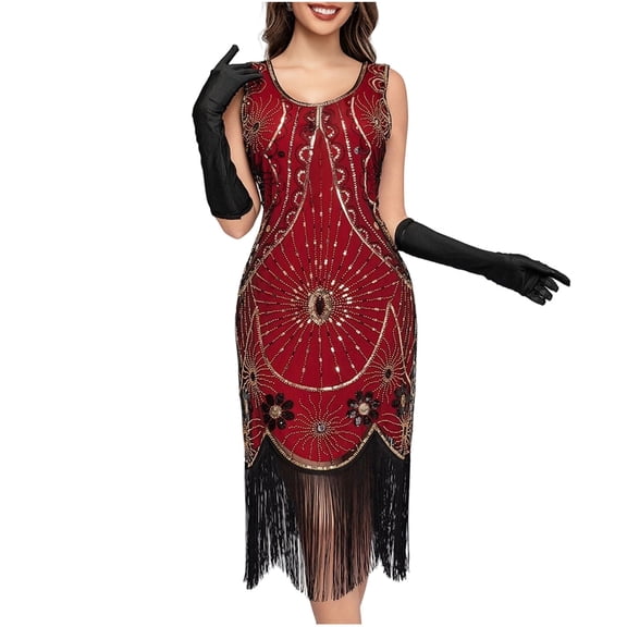 Women's Vintage Flapper Dresses 1920s Sequin Tassel Midi Sleeveless Fringed Cocktail Formal Dress M