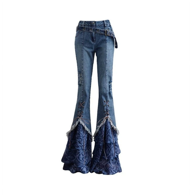Women's Vintage Flare Jeans Baggy High Waist Patchwork Denim