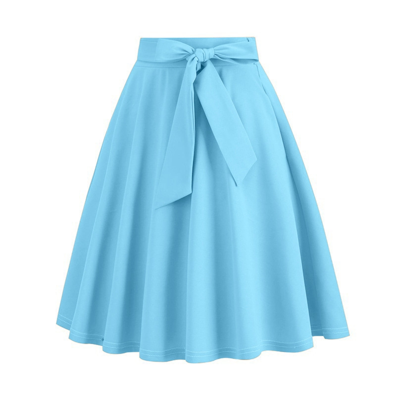 Women s Vintage Flared Skirt 1950s Belted Midi Skirt Solid A Line Knee Length Skirts with Pockets Walmart