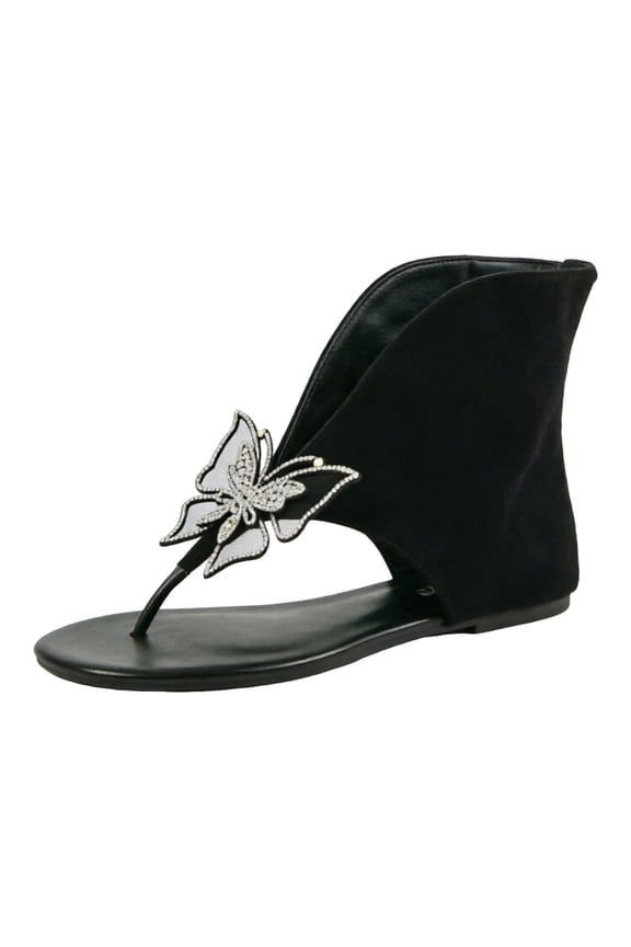 Women's Vintage Flat Flip Flops Open Toe High Toe Tong Sandals Bow Butterfly Decoration Summer Ankle Boots Silver Size 7.5