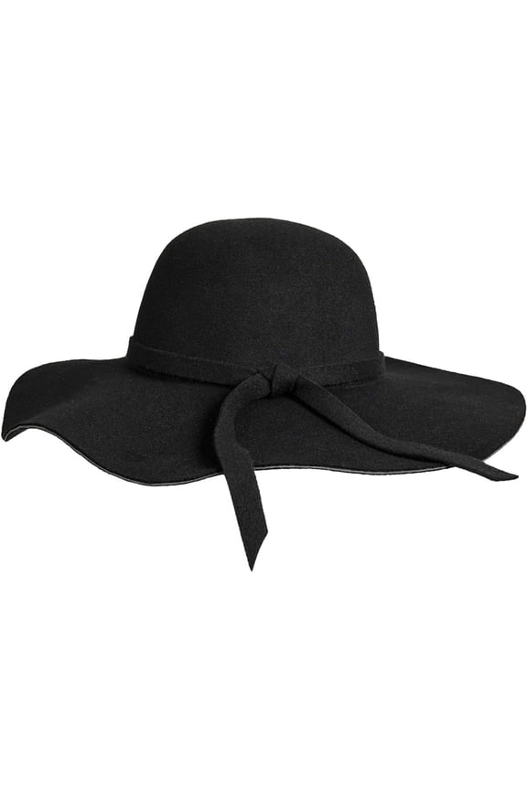 Women's Vintage-Floppy-Hat Wide-Brim Felt Bowler-Cap with Bowknot Black