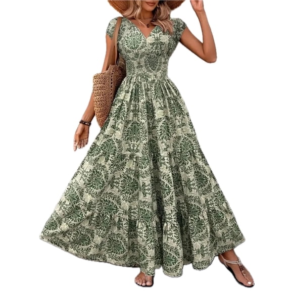 Women's Vintage Floral Cap Sleeve Maxi Dress with Smocked Tiered Bodice and Stretch Fit 100% Polyester Soft Fabric