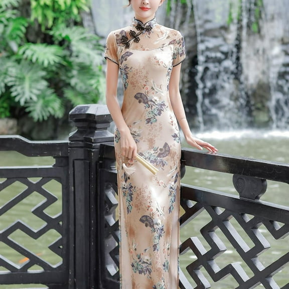 Women's Vintage Floral Cheongsam Qipao Dress – Beige Bridal & Wedding Guest Maxi Dress, Short Sleeve Chinese Traditional Evening Gown with Side Slit for Garden Party, Cultural Events, Formal Occasion