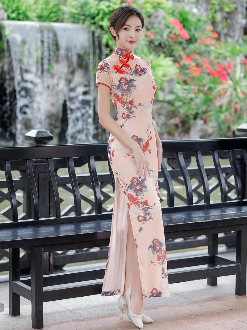 Women's Vintage Floral Cheongsam Qipao Maxi Dress, Red Short Sleeve Chinese Traditional Dress with Side Slit, Elegant Bridal Wedding Guest Evening Gown for Formal Party & Cultural Events