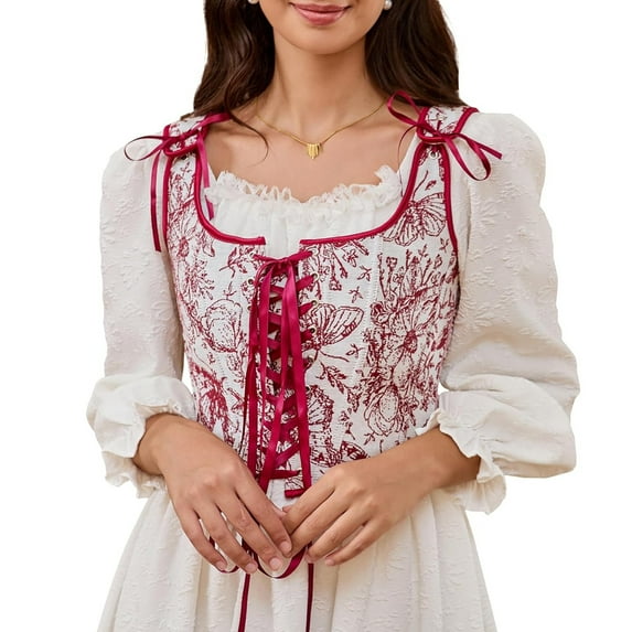 Women's Vintage Floral Corset Lace-Up Fishbone Print Vest Renaissance Pirate Costume