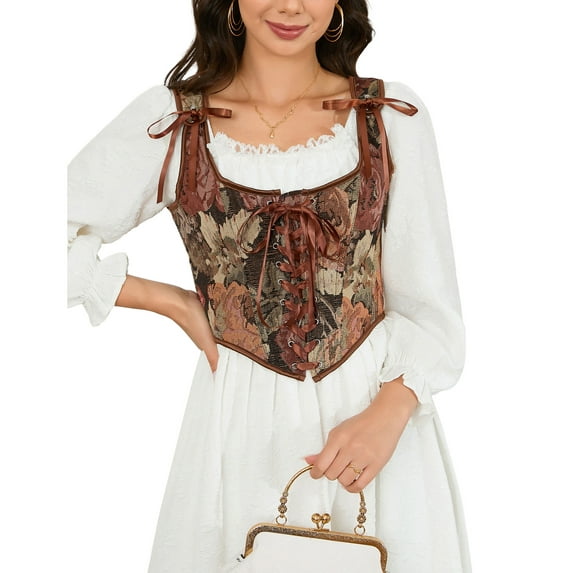 Women's Vintage Floral Corset Lace-Up Fishbone Print Vest Renaissance Pirate Costume