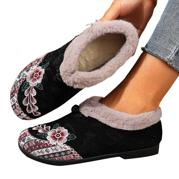 Women's Vintage Floral Embroidered Snow Boots Wide Width Fleece Lined Warm 2025 Winter Slip on Ankle Booties