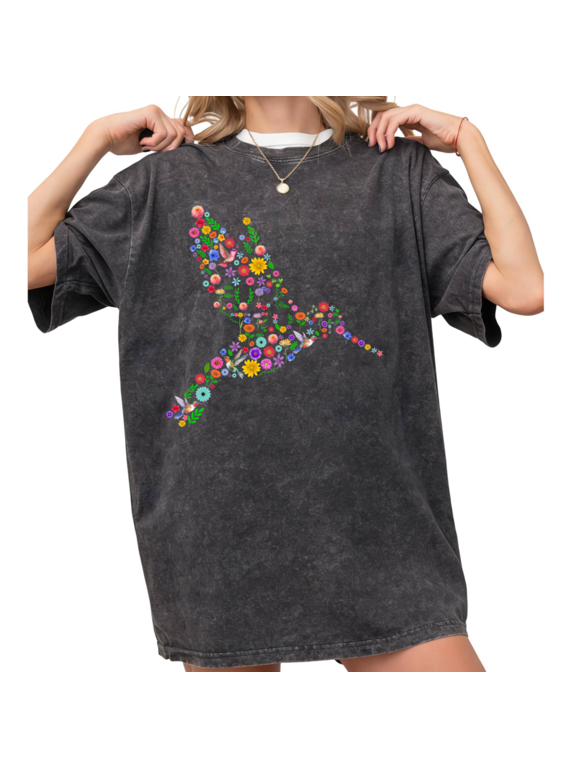 Women's Vintage Floral Hummingbird Graphic Washed T Shirt Boho Nature Bird Lover Casual Black S-2XL Plus Size