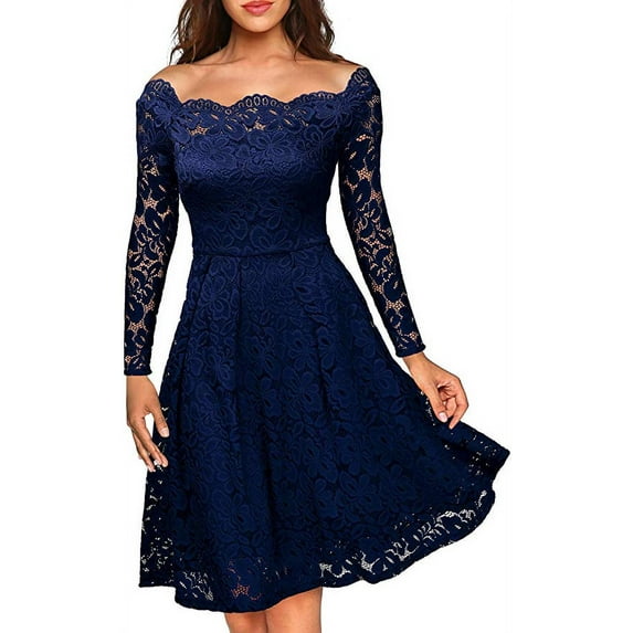Women's Vintage Floral Lace Long Sleeve Boat Neck Cocktail Party Swing Dress