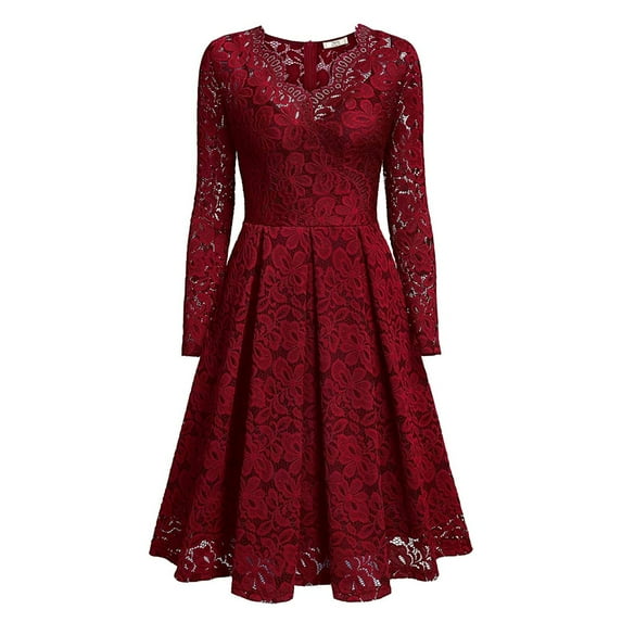 Women's Vintage Floral Lace Long Sleeve V Neck Cocktail Formal Swing Dress, Temperament long skirt