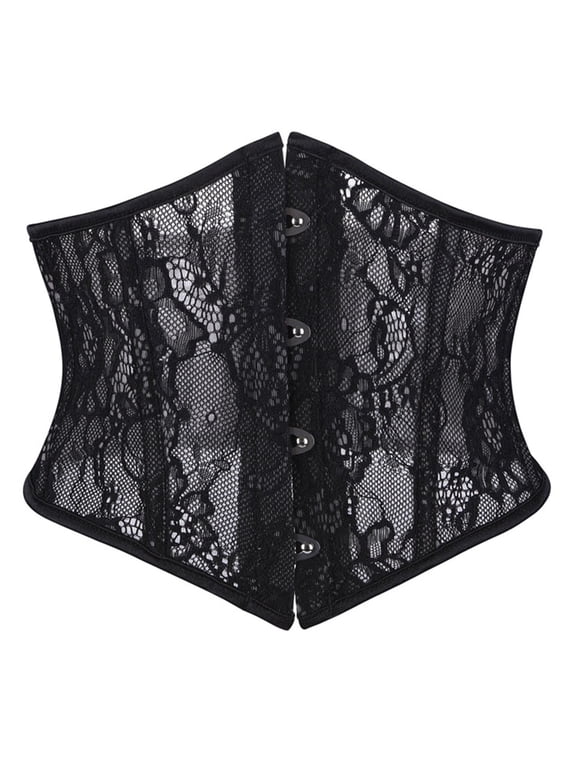 Women's Vintage Floral Lace Up Boned Underbust Corset Waist Cincher Belt Shaper Mesh Lace Up Bustier Halloween Costumes, Black M