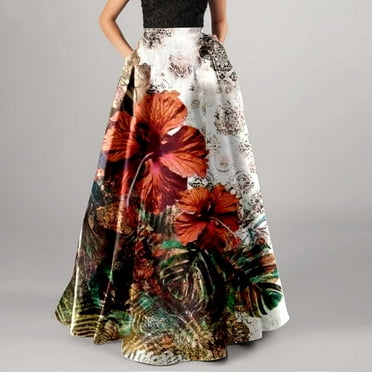 Women's Vintage Floral Maxi Skirt High Waist A-Line Long Skirt with Pockets Elegant Bohemian Style