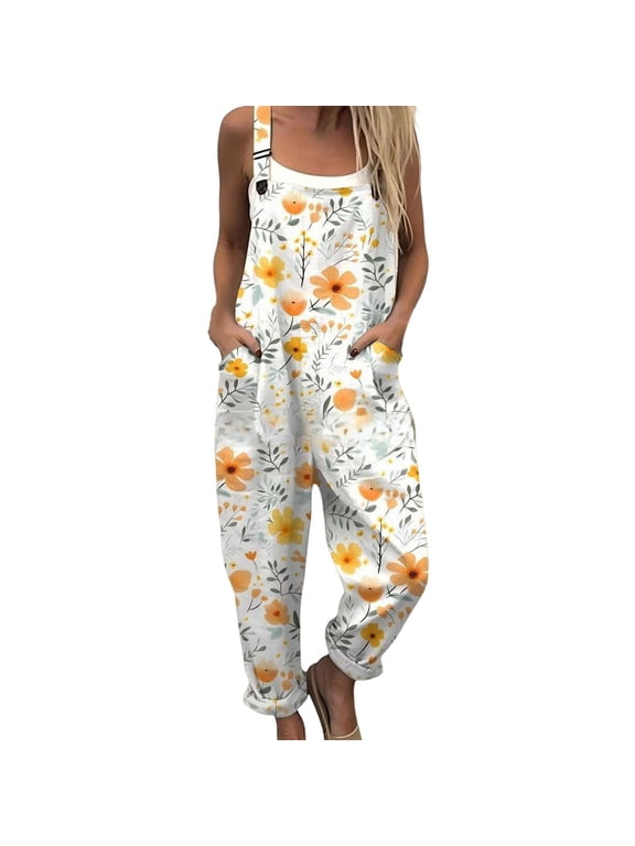 Women's Vintage Floral Overalls, Cotton Boho Casual Floral Bib Jumpsuit, Summer Baggy Adjustable Strap Romper, Adjustable Strap Casual Overall Pants with Pockets, Beach Vacation,NavyM