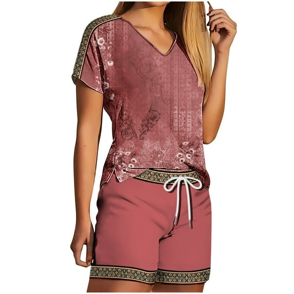 Women's Vintage Floral Print 2 Piece Casual Sets Short Sleeve V Neck Tees with Drawstring Shorts Summer Trendy Tracksuit Red,L
