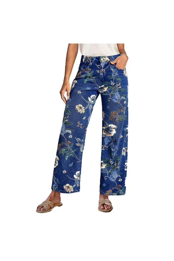 Women's Vintage Floral Print Denim Pants Straight Leg Comfortable Fit for Summer Casual Style