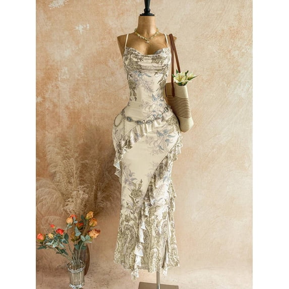 Women's Vintage Floral Print Draped Neck Layered Ruffle Hem Maxi Dress, Vacation Summer Style