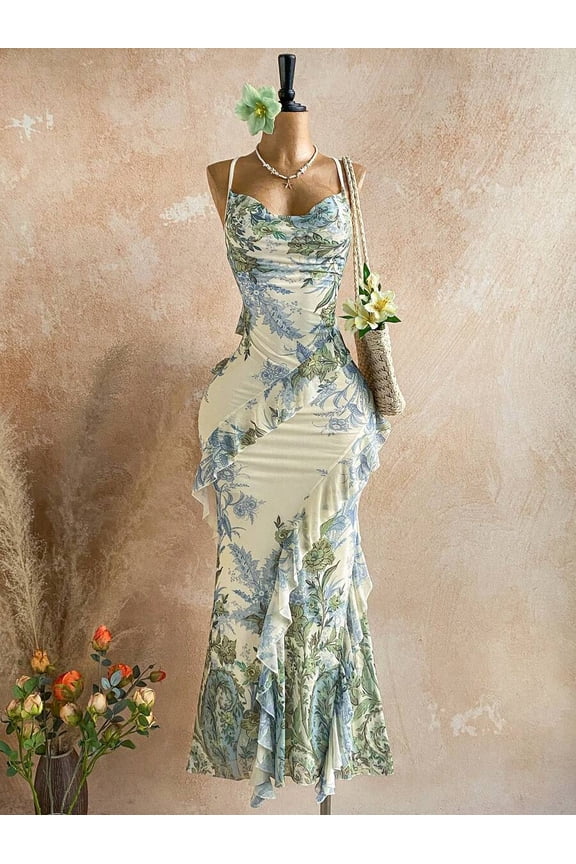 Women's Vintage Floral Print Draped Neck Layered Ruffle Hem Maxi Dress, Vacation Summer Style