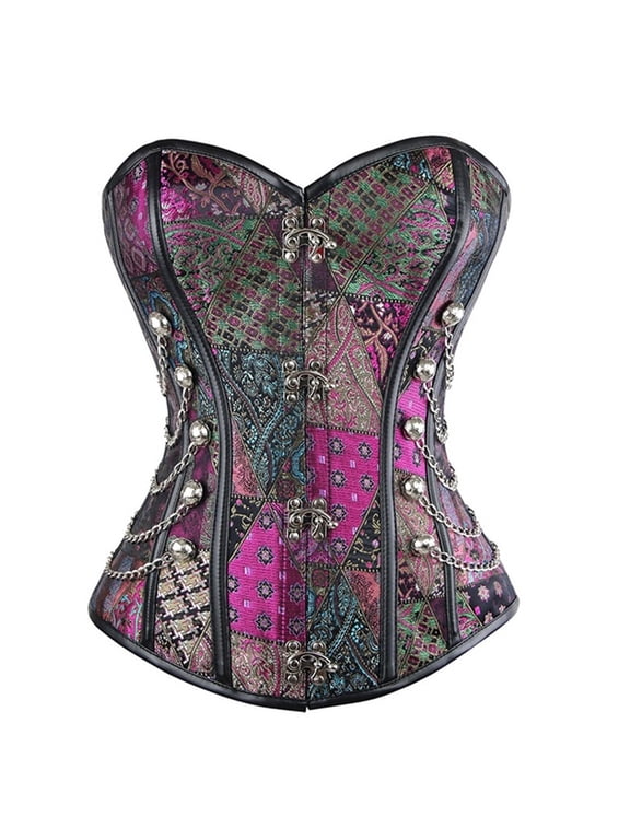 Women's Vintage Floral Print Lace Boned Gothic Underbust Corset Hourglass Tummy Control Shaping Bodice for Renaissance Party