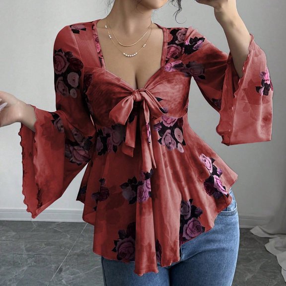 Women's Vintage Floral Print Long Sleeve Blouse with Bow Tie Front, Flared Hem, V Neck, Lightweight Casual Top