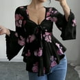 thumbnail image 1 of Women's Vintage Floral Print Long Sleeve Blouse with Bow Tie Front, Flared Hem, V Neck, Lightweight Casual Top, 1 of 1