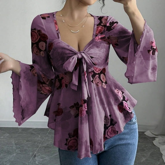 Women's Vintage Floral Print Long Sleeve Blouse with Bow Tie Front, Flared Hem, V Neck, Lightweight Casual Top