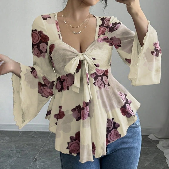 Women's Vintage Floral Print Long Sleeve Blouse with Bow Tie Front, Flared Hem, V Neck, Lightweight Casual Top