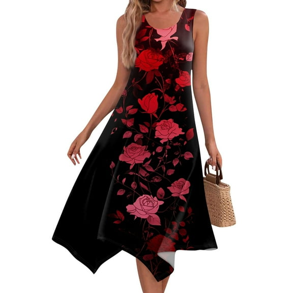 Women's Vintage Floral Print Sleeveless Midi Dress Round Neck Asymmetric Hem Casual Dress with Elastic Cuffs for Weekend Getaways,Deep Red L