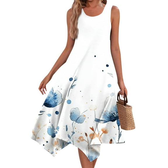 Women's Vintage Floral Print Sleeveless Midi Dress Round Neck Asymmetric Hem Casual Dress with Elastic Cuffs for Weekend Getaways,Light Blue M