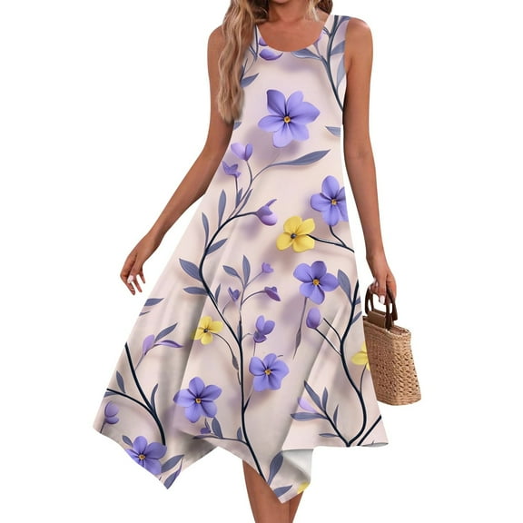 Women's Vintage Floral Print Sleeveless Midi Dress Round Neck Asymmetric Hem Casual Dress with Elastic Cuffs for Weekend Getaways,Light Purple M