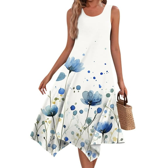 Women's Vintage Floral Print Sleeveless Midi Dress Round Neck Asymmetric Hem Casual Dress with Elastic Cuffs for Weekend Getaways,White M