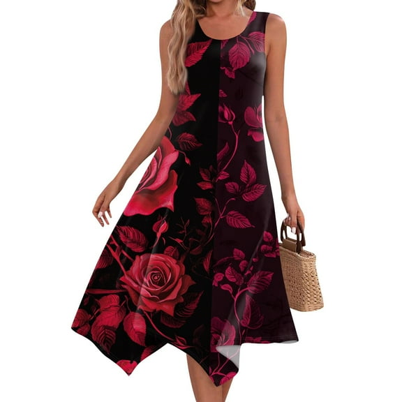 Women's Vintage Floral Print Sleeveless Midi Dress Round Neck Asymmetric Hem Casual Dress with Elastic Cuffs for Weekend Getaways,Wine L