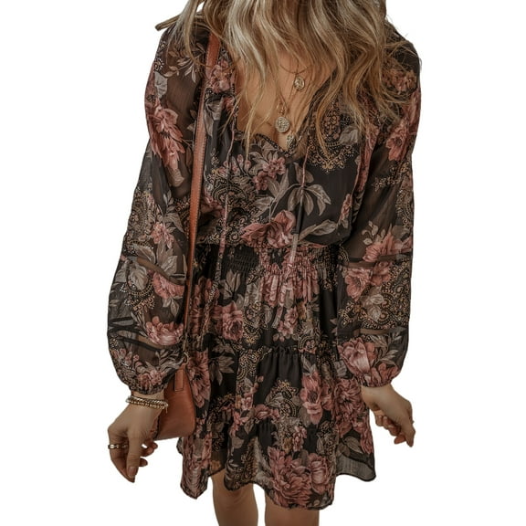 Women's Vintage Floral Puff Sleeve V Neck Smock Waist Dress [ZhiHiMeRi] | (US 12-14)L