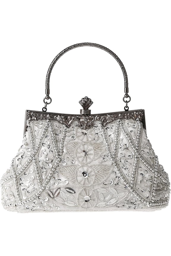 Women's Vintage Floral Rhinestone Beaded Embroidery Sequin Clutch Bag,Sparkly Evening Crossbody Handbag with Chain Strap for Bridal Wedding Prom Party