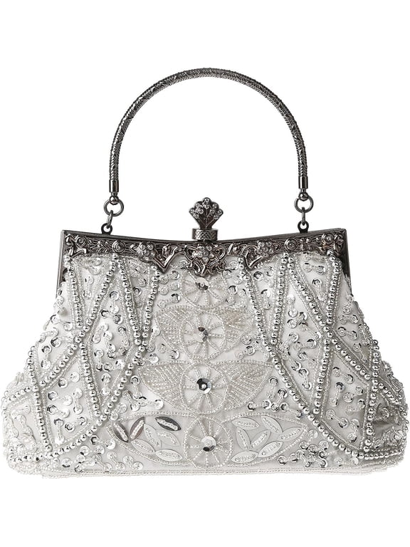 Women's Vintage Floral Rhinestone Beaded Embroidery Sequin Clutch Bag,Sparkly Evening Crossbody Handbag with Chain Strap for Bridal Wedding Prom Party